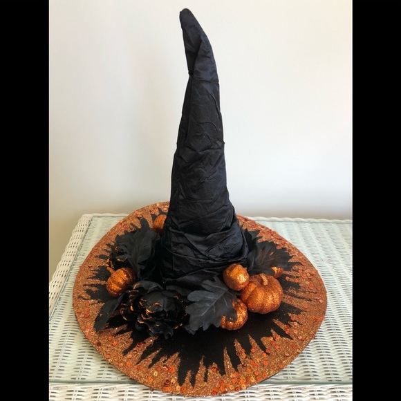 1 of Pumpkin patch witch hat Orange sparkles top & under brim black leaves 18"h - Picture 8 of 16